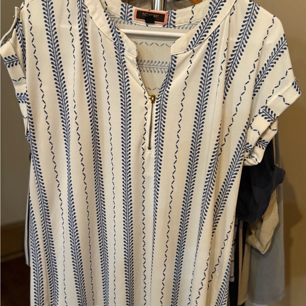 Soft Surroundings Cream and Blue Patterned Blouse